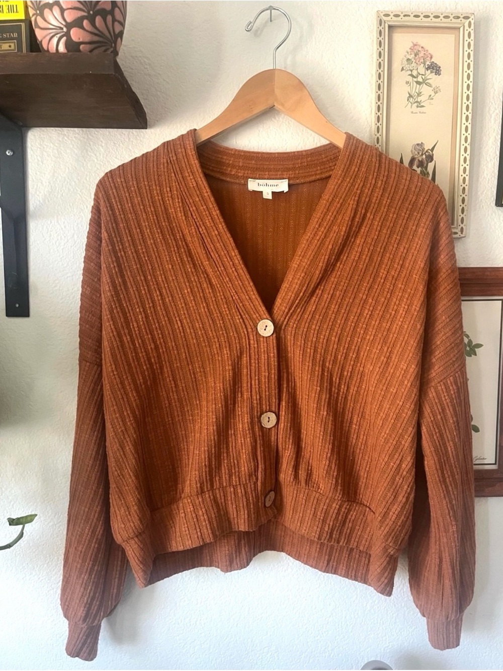 Bohme Rust Ribbed V-Neck Button Cardigan - Small